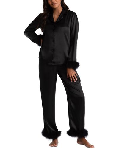 Linea Donatella Marabou Feather Satin Pajama Set - Black