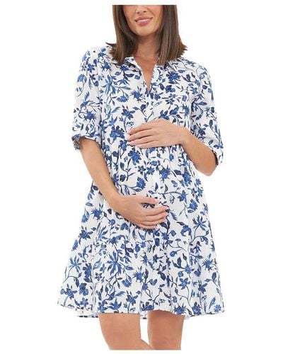 Ripe Maternity Bella Button Through Linen Dress White/lapis - Blue