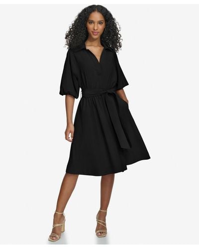 Calvin Klein Split-neck Puff-sleeve A-line Dress - Black