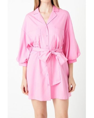 Endless Rose Blouson Sleeve Belted Shirt Dress - Pink