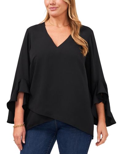 Vince Camuto Plus Size V-neck Flutter Sleeve Blouse - Black