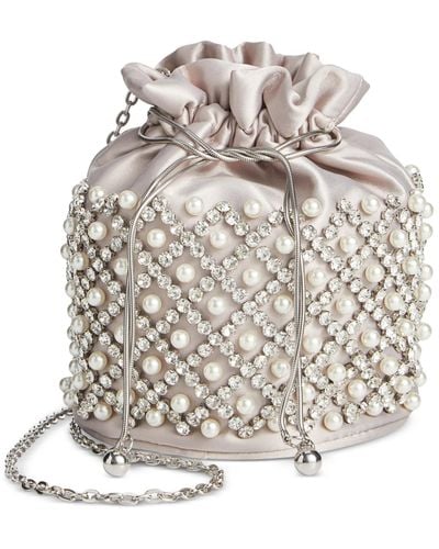 INC International Concepts Drawstring Embellished Pearl Bucket Bag - Metallic