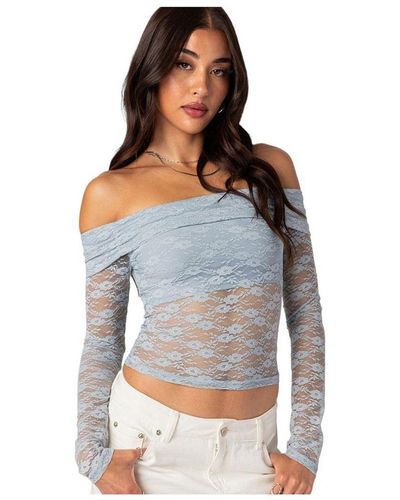 Edikted Elysia Fold Over Sheer Lace Top - Blue