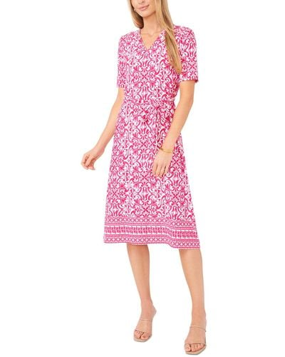 Msk Petite Printed V-neck Short-sleeve Tie-waist Dress - Pink
