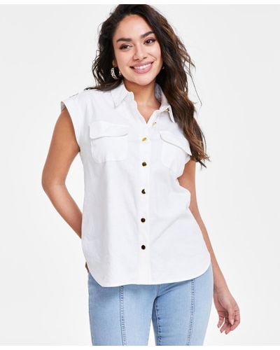 INC International Concepts Petite Linen Sleeveless Utility Shirt - White