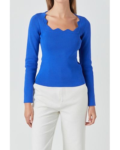 Endless Rose Scallop Detail Long Sleeve Sweater - Blue