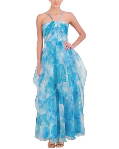 Eliza J Printed Pleated Ruffled Gown - Blue