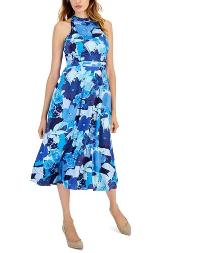 Tahari Tie-back Sleeveless Midi Dress - Blue