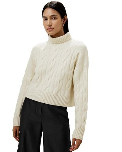 LILYSILK Cable Knit Cashmere Turtleneck Sweater - White