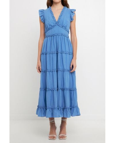 Endless Rose Ruffle Detail Tiered Long Dress - Blue