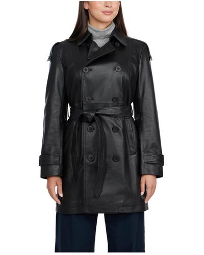 Badgley Mischka Triss Genuine Leather Double Breasted Trench Coat - Black