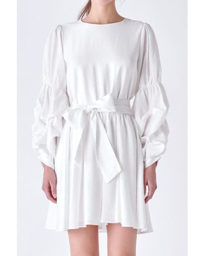 English Factory Cinched Puff Sleeve Belted Dress - White