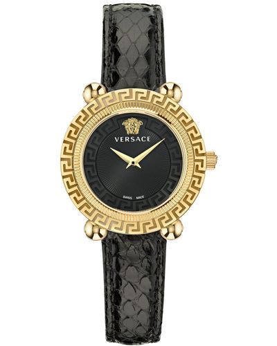 Versace Swiss Greca Twist Black Leather Strap Watch 35mm - Metallic
