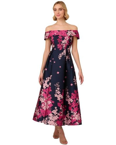 Adrianna Papell Floral-print Off-the-shoulder Dress - Purple