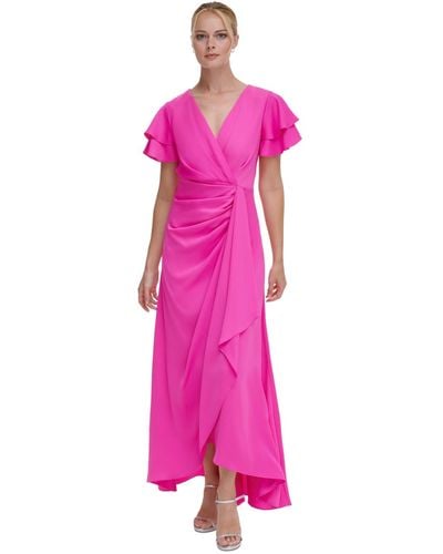 DKNY Double Flutter-sleeve Cascading Gown - Pink
