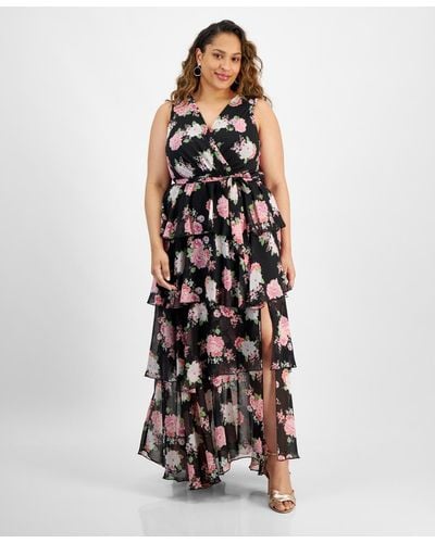 City Studios Trendy Plus Size Belted Tiered Maxi Dress - White