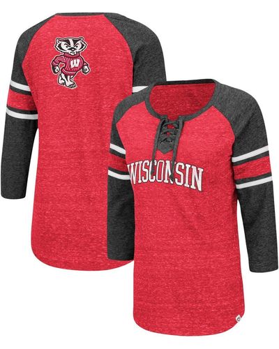 Colosseum Athletics Red And Heathered Charcoal Wisconsin Badgers Scienta Pasadena Raglan 3/4 Sleeve Lace-up T-shirt