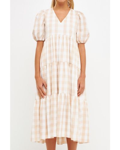 English Factory Gingham Puff Sleeve Tiered Midi - Natural