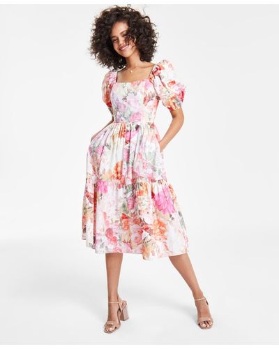 Vince Camuto Printed Cotton Square-neck Puff-sleeve Dress - Pink