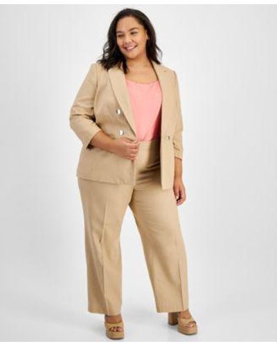 BarIII Plus Size Satin Scoop Neck Camisole Linen Pull On Wide Leg Pants Linen Faux Double Breasted Jacket Created For Macys - Natural