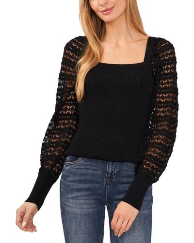 Cece Square Neck Sheer Crochet Sleeve Sweater - Black