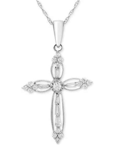 Macy's Diamond Round & Baguette Openwork Cross 18" Pendant Necklace (1/4 Ct. T.w. - Metallic