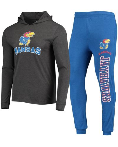 Concepts Sport Royal And Charcoal Kansas Jayhawks Meter Long Sleeve Hoodie T-shirt And jogger Pants Sleep Set - Blue