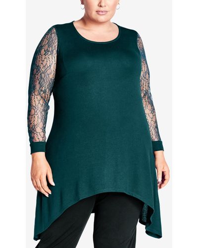 Avenue Plus Size Lacey Sleeve Tunic Top - Green