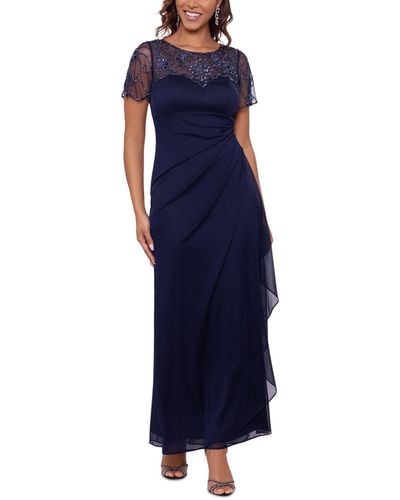 Xscape Beaded Mesh Gown - Blue