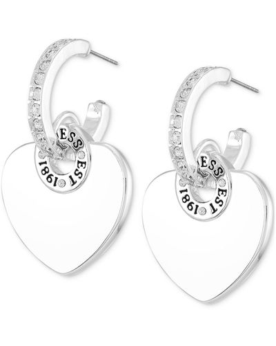 Guess Tone Logo Heart Charm Pave huggie Hoop Earrings - Metallic