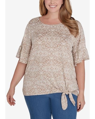 Ruby Rd. Plus Size Medallion Puff Print Tied T-shirt - Natural