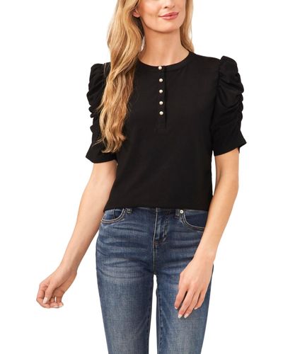Cece Ruched Puff-sleeve Henley Knit Top - Black