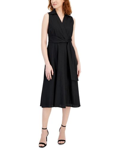 Tahari Faux-wrap Linen Midi Dress - Black