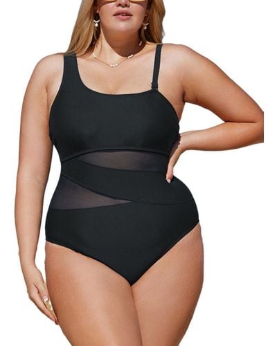 CUPSHE Dreamscapes Mesh One-shoulder Plus Size One Piece Swimsuit - Black