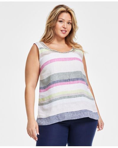 Charter Club Plus Size Printed Scoop-neck Linen Top - White
