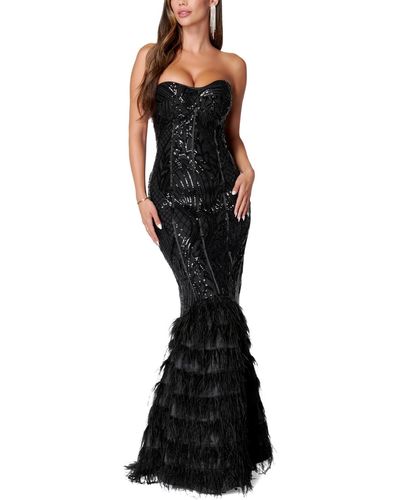 Bebe Sequin Feather Evening Gown - Black