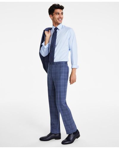 Calvin Klein Slim-fit Wool Blend Stretch Plaid Suit Separate Pants - Blue