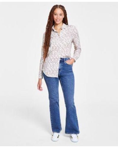 Calvin Klein Covert Long Sleeve Button Front Shirt High Rise Flare Jeans - Blue
