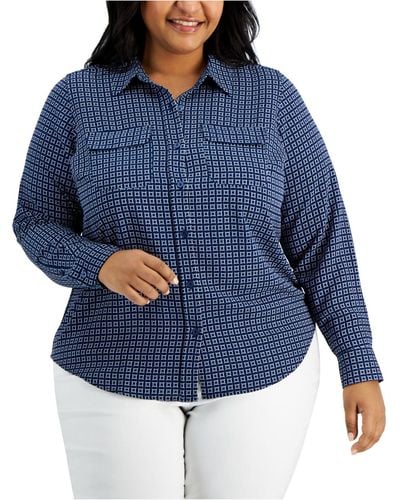 Alfani Plus Size Geometric-print Shirt, Created For Macy's - Blue