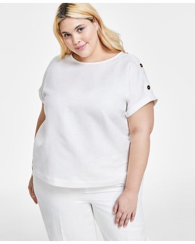 Anne Klein Plus Size Linen-blend Short-sleeve Button-detail Blouse - White