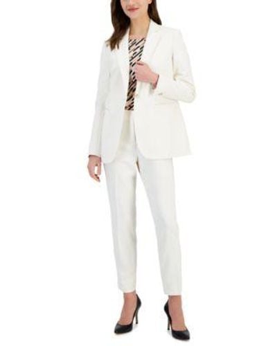 Anne Klein One Button Notch Collar Jacket Printed Boat Neck Top Slim Fit Ankle Pants - White