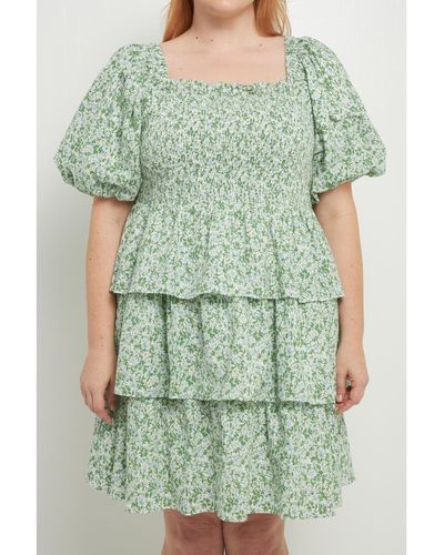 English Factory Plus Size Crinkled Floral Linen Smocked Tiered Mini Dress - Green