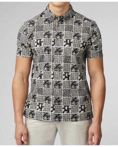 Ben Sherman Checkerboard Paisley Print Short Sleeve Shirt - Gray