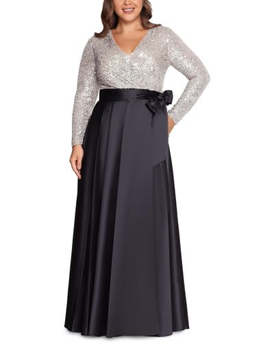 Xscape Plus Size Sequin-top Solid-skirt V-neck Ball Gown - Blue