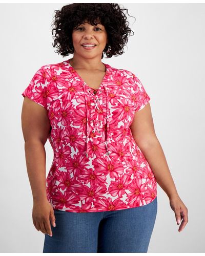 INC International Concepts Plus Size Printed Lace-up-neck Top - Red