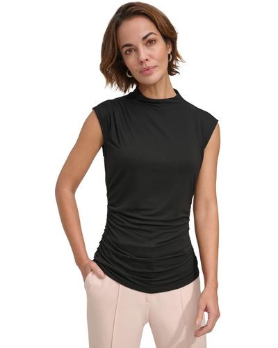 DKNY Petite Ruched High-neck Sleeveless Top - Black