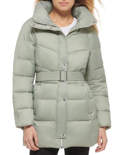 Cole Haan Petite Belted Hooded Puffer Coat - Gray
