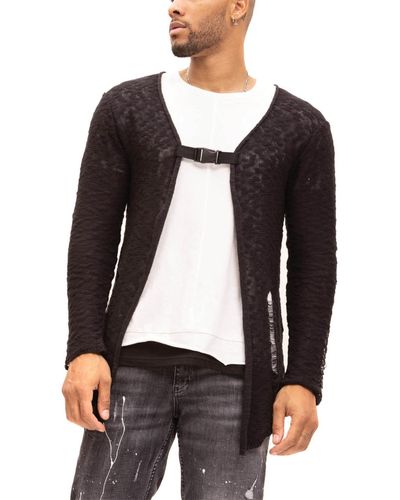 Ron Tomson Modern Buckled Long Cardigan Sweater - Black