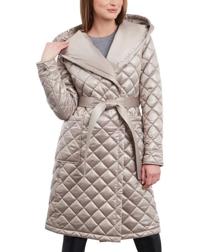Michael Kors Hooded Belted Quilted Coat - Gray