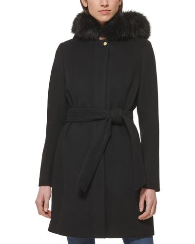 Cole Haan Belted Faux-fur-trim Hooded Coat - Black
